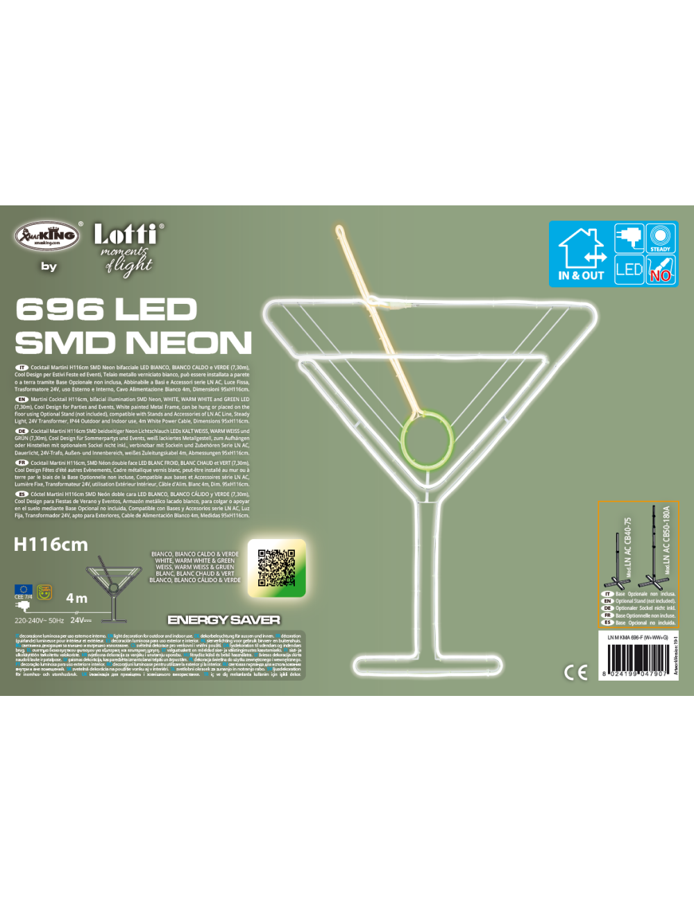 Lotti Cocktail Martini SMD Neon Bifacciale Led Bianco Caldo e Verde (7,30m) 4m+95xH116cm con Base Stand - Decorazione Giardino
